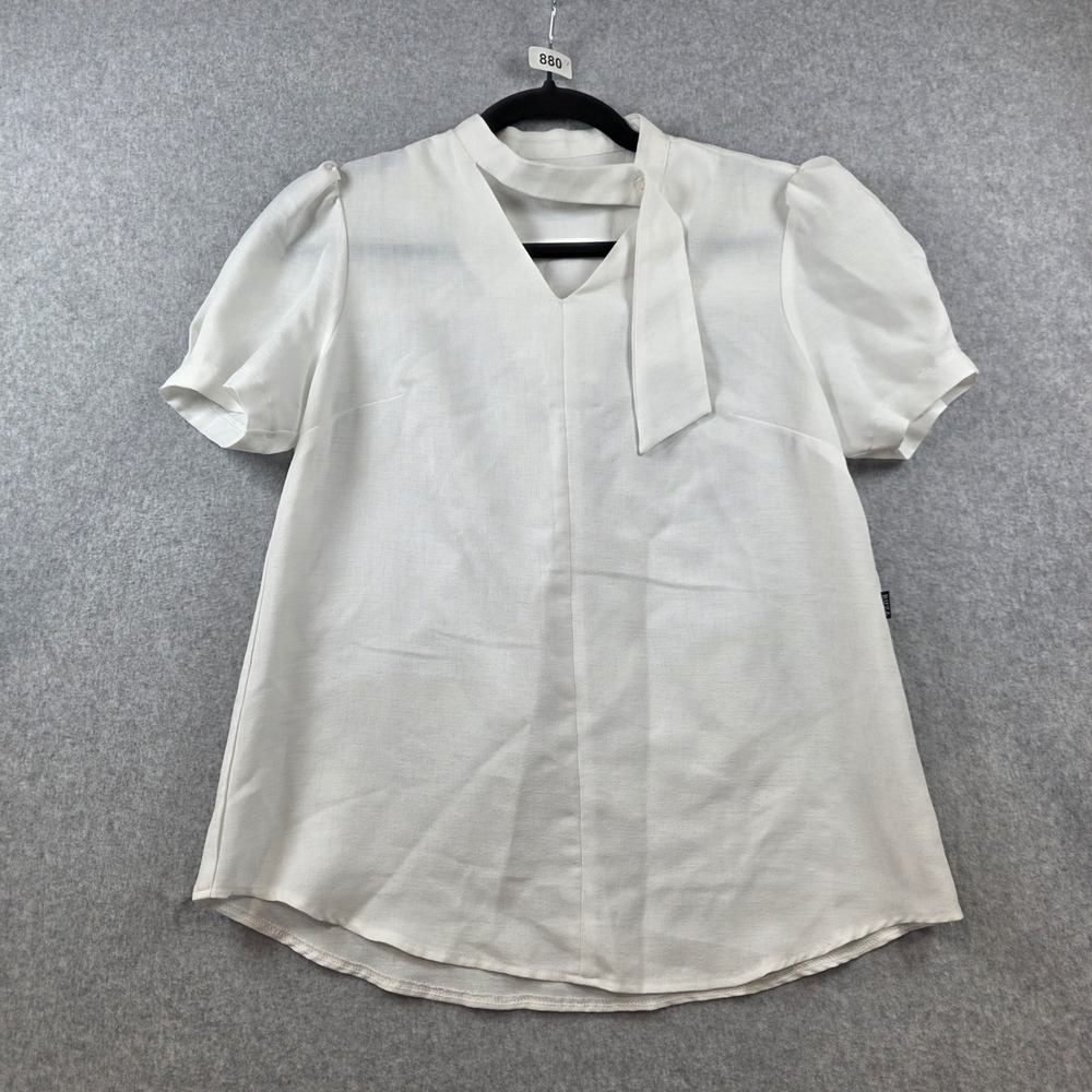Ruza White Short Sleeve Blouse V-Neck Tie Collar Puff Sleeve Top Womens Size S